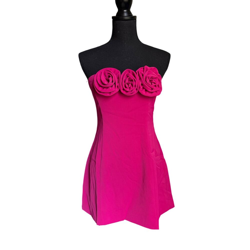 Peppermayo Fuchsia Strapless Mini Dress with Rose Appliqués